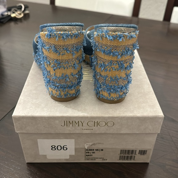 Jimmy Choo Almer 105 Denim w/fringed raffia in navy - Picture 3 of 5